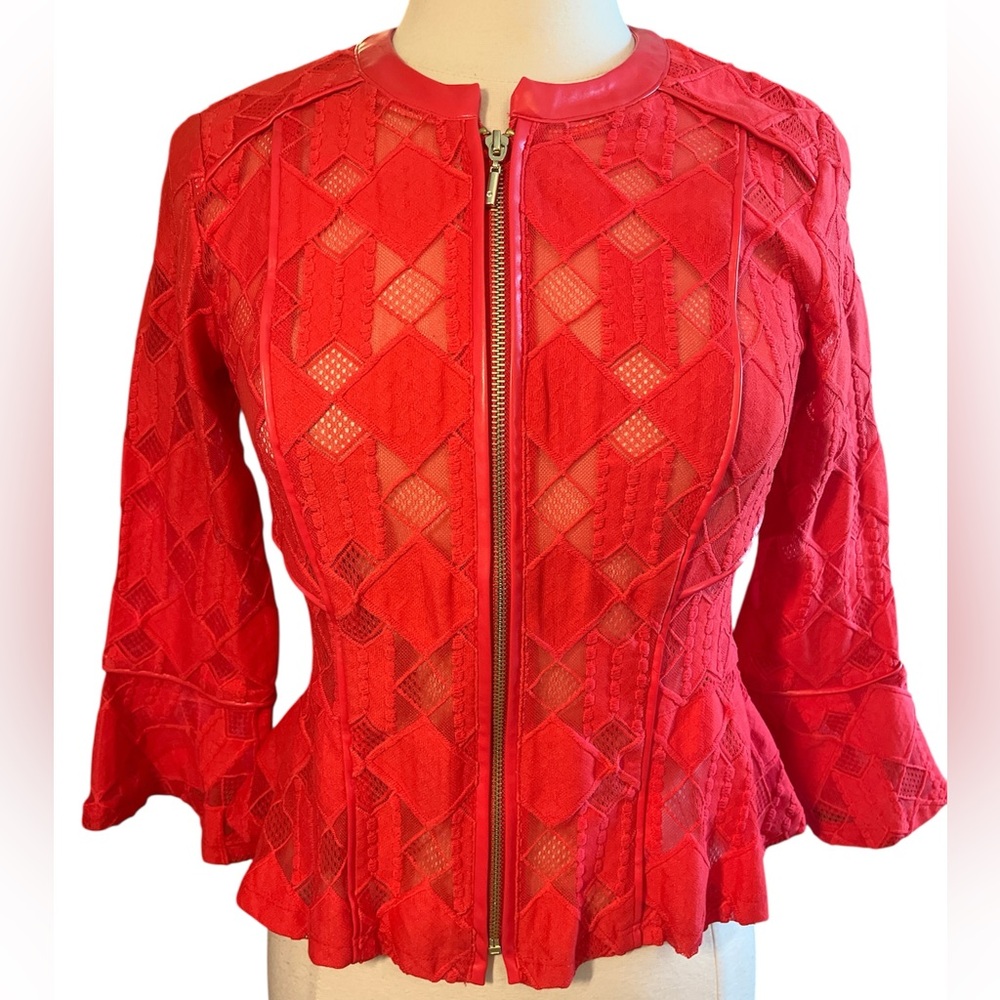Inc Orange Lace Modern Gold Zip-Up Jacket w/Faux leather trim Size Small